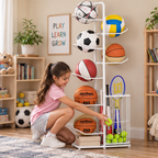 Kids Ball Storage Rack – Indoor Basketball, Football and Volleyball Organizer Stand for Playrooms, Kindergartens and Home Storage
