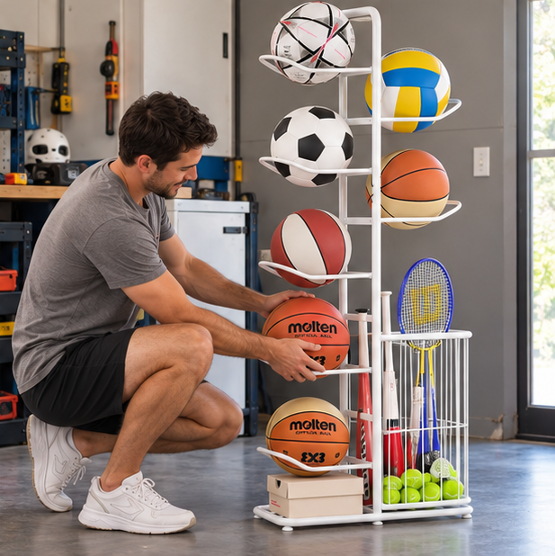Kids Ball Storage Rack – Indoor Basketball, Football and Volleyball Organizer Stand for Playrooms, Kindergartens and Home Storage