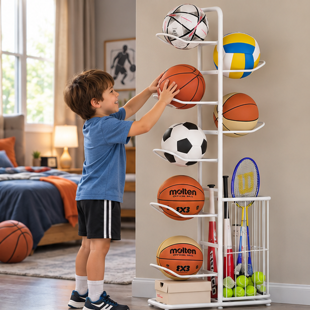Kids Ball Storage Rack – Indoor Basketball, Football and Volleyball Organizer Stand for Playrooms, Kindergartens and Home Storage