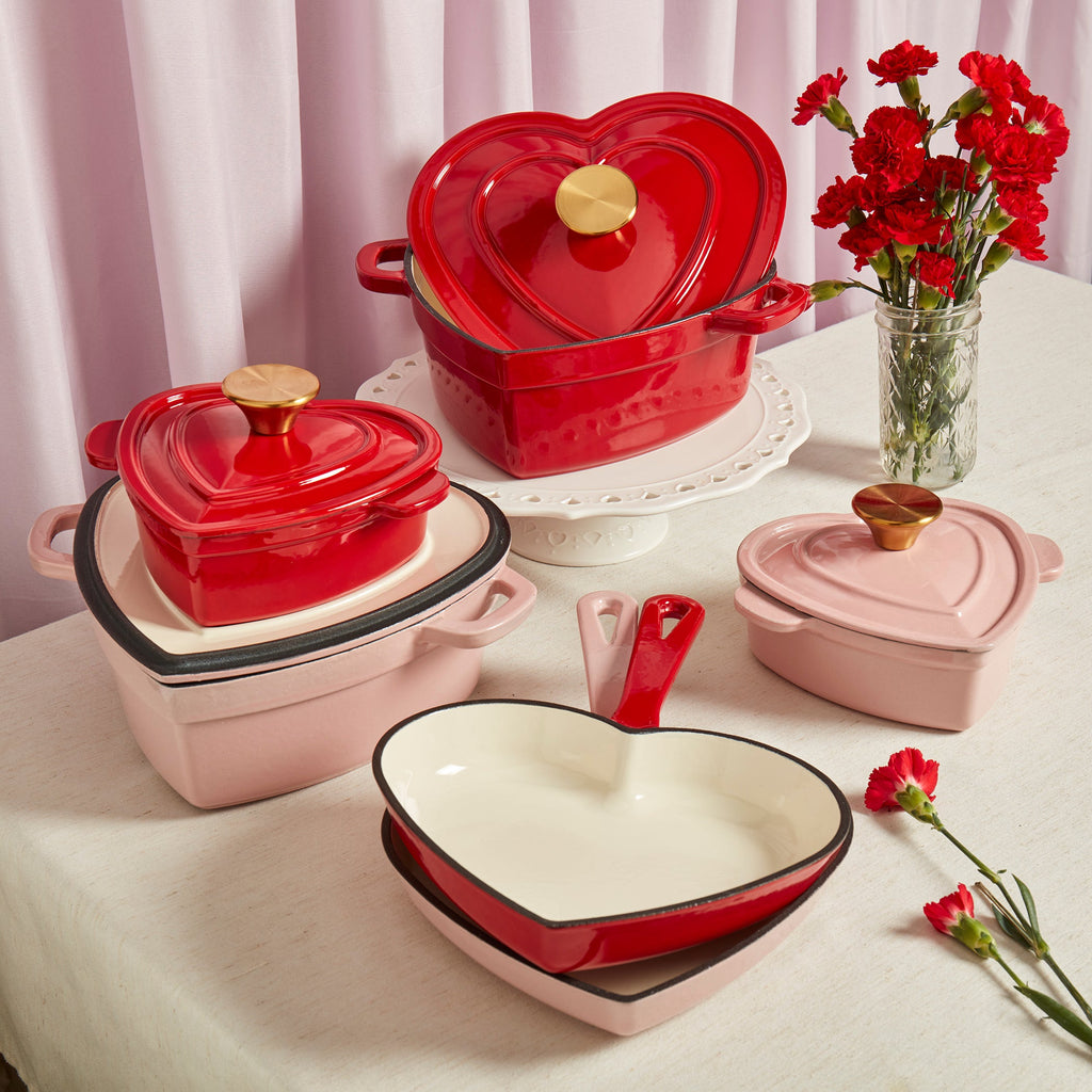9” Enameled Cast Iron Heart-Shaped Skillet Fry Pan, Pink