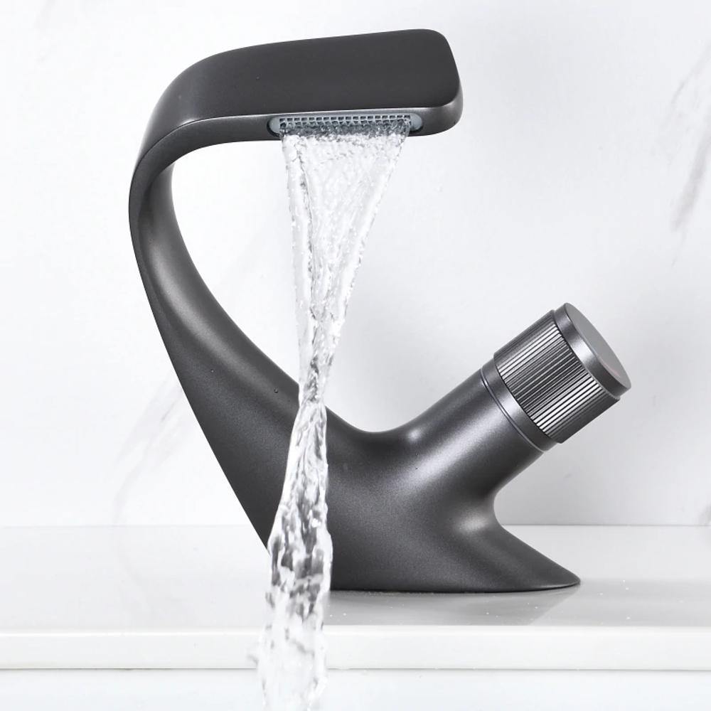 AQUACASCADE Basin Tap – Modern Waterfall Bathroom Mixer Tap in Solid Brass