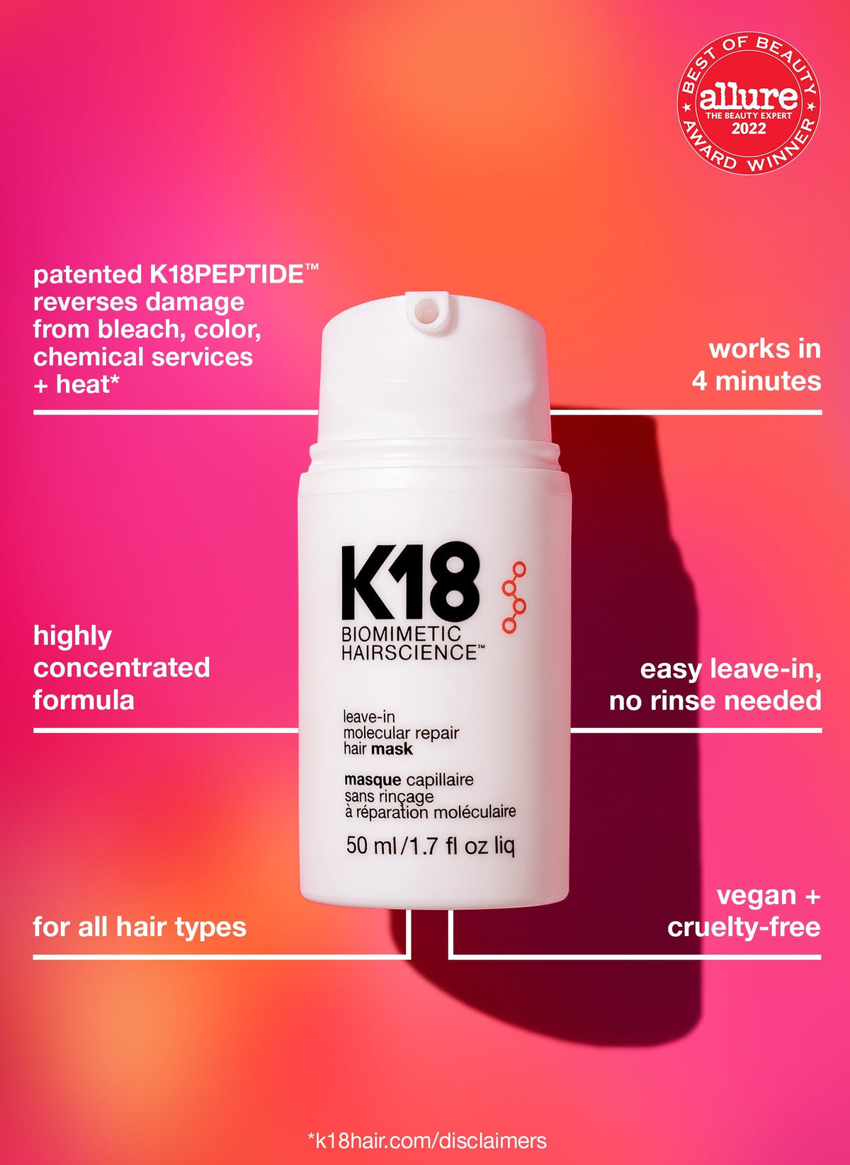 Molecular Leave-In Hair Mask – K18 Mask Repair for Dry, Frizzy Hair in 4 Minutes with This Deeply Moisturizing & Restorative Treatment