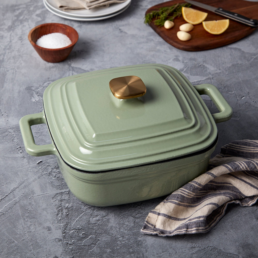 4-Quart Enameled Cast Iron Square Dutch Ovens, Matcha Green