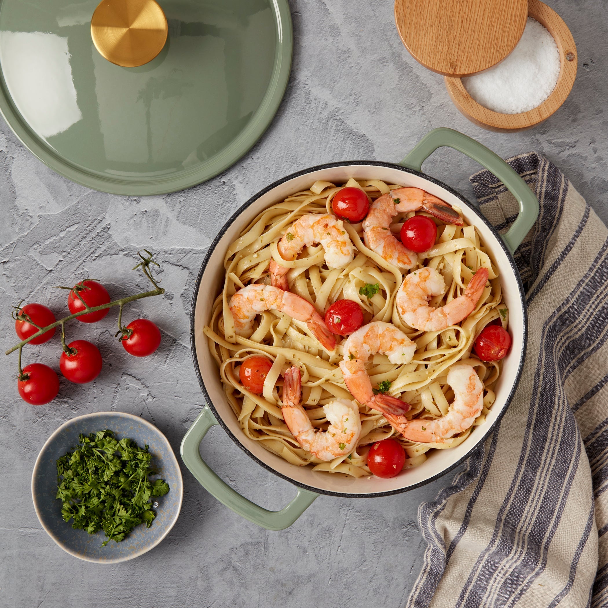 3-Quart Fluted Enameled Cast Iron Dutch Oven, White/Sage