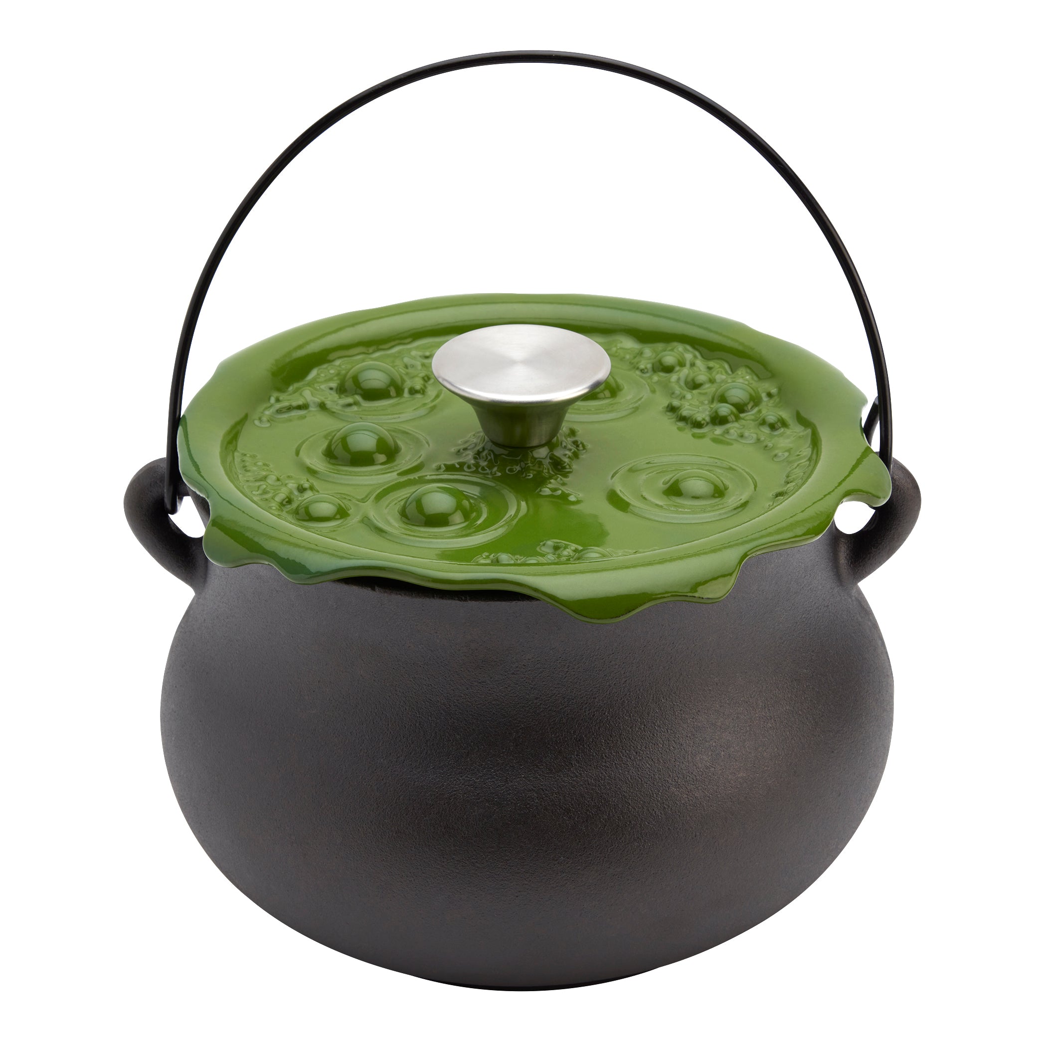 4-Quart Cast Iron Cauldron Pot with Green 'Bubbling' Lid