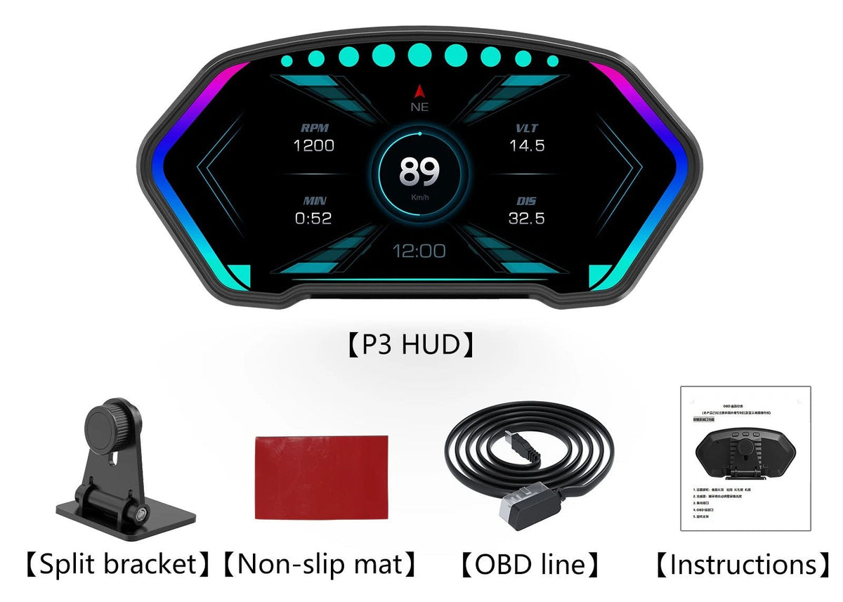 Advanced Digital Car Head-Up Crystal Display Speedometer – Dual OBD2+GPS System with Alarm, Turbo Pressure, Speedometer & Slope Indicator for Ultimate Driving Control