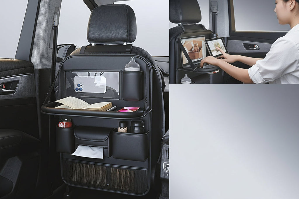 Premium PU Leather Car Seat Back Organizer – Universal Auto Storage Bag with Foldable Dining Table and Cup Holder