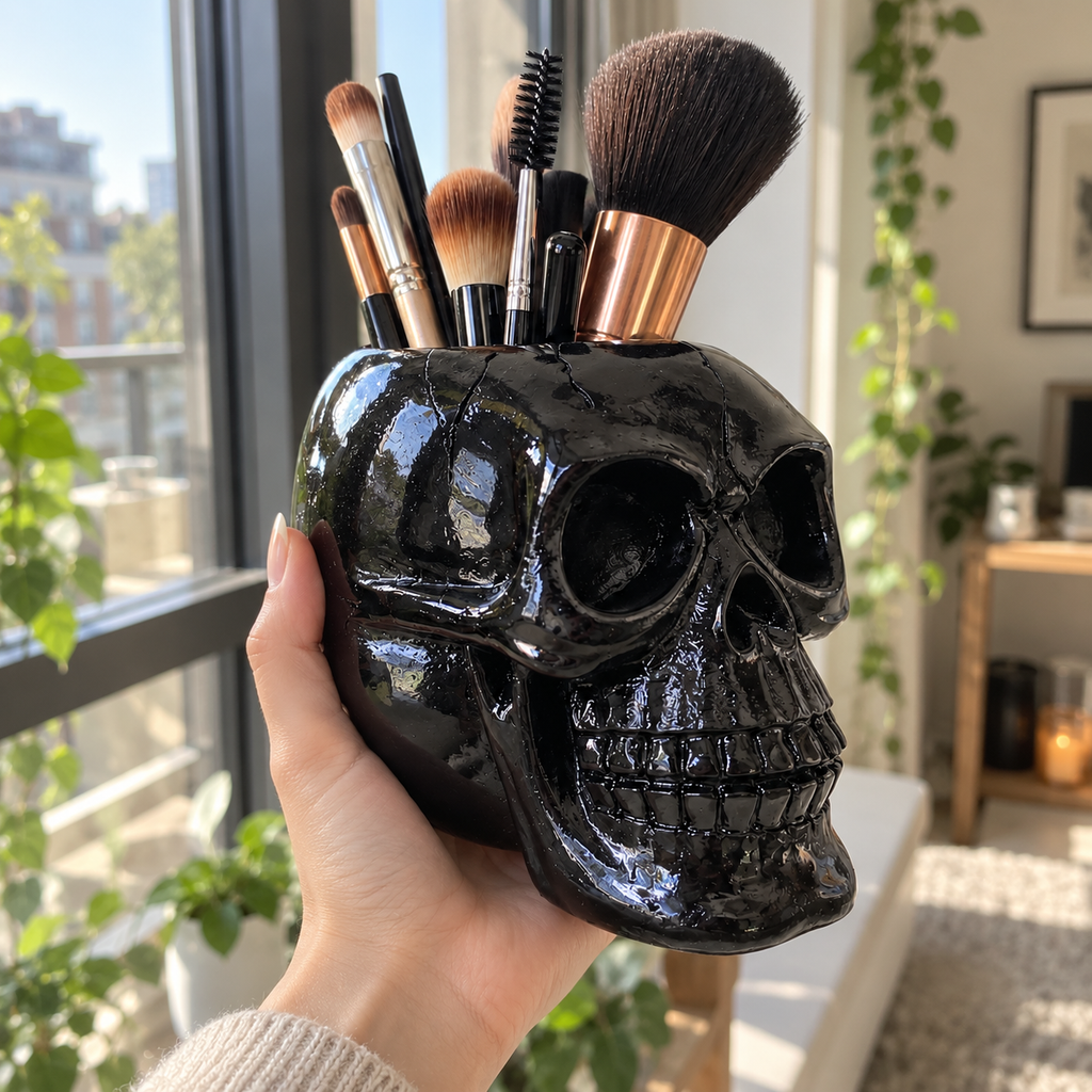 Resin Black Skull Makeup Organizer