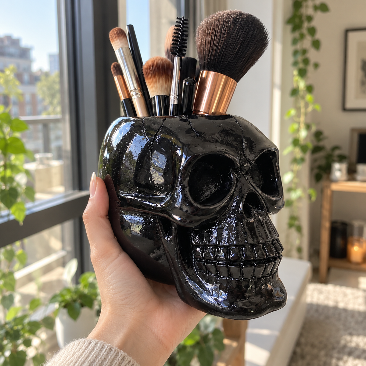 Resin Black Skull Makeup Organizer