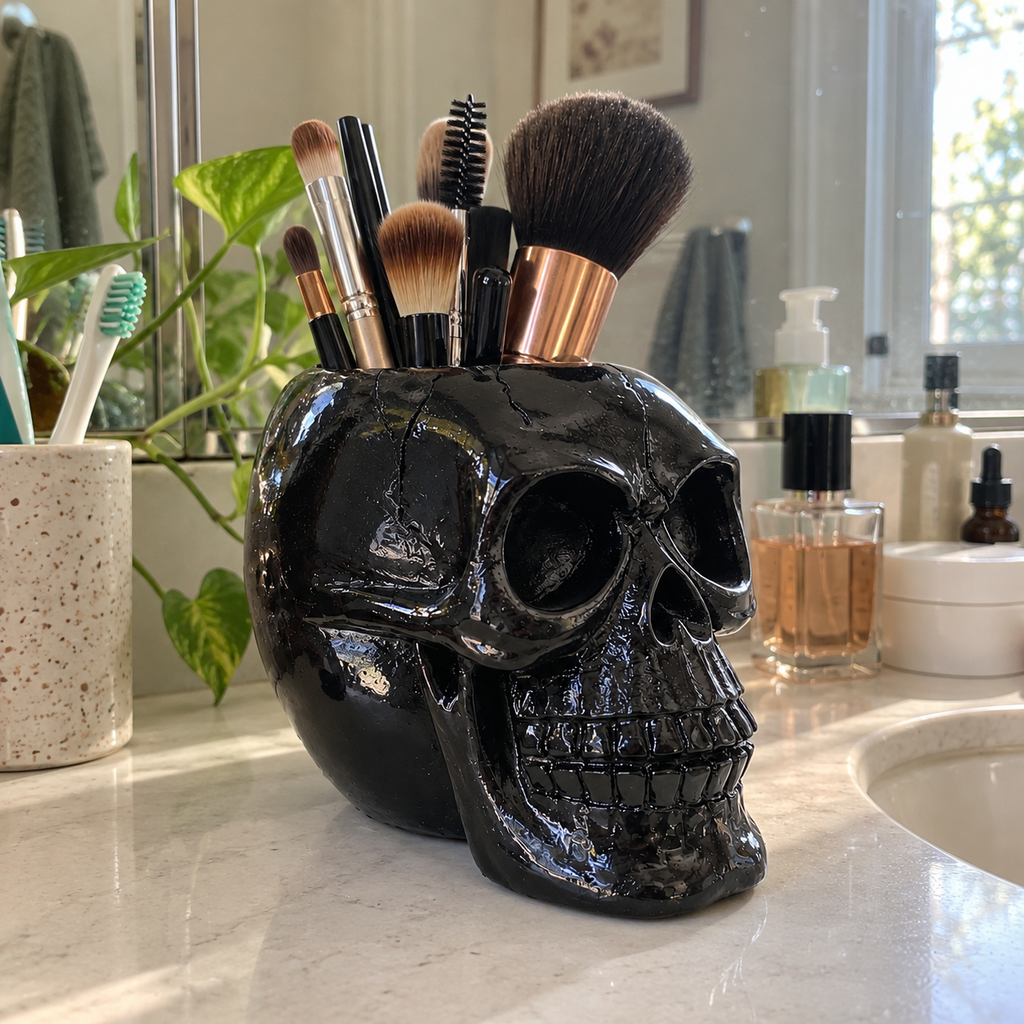 Resin Black Skull Makeup Organizer