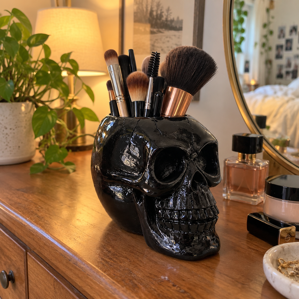 Resin Black Skull Makeup Organizer