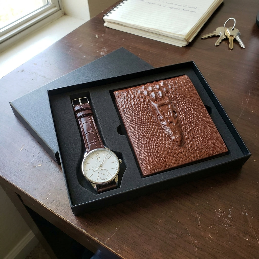 Men Watches Steel/Leather Gift Set