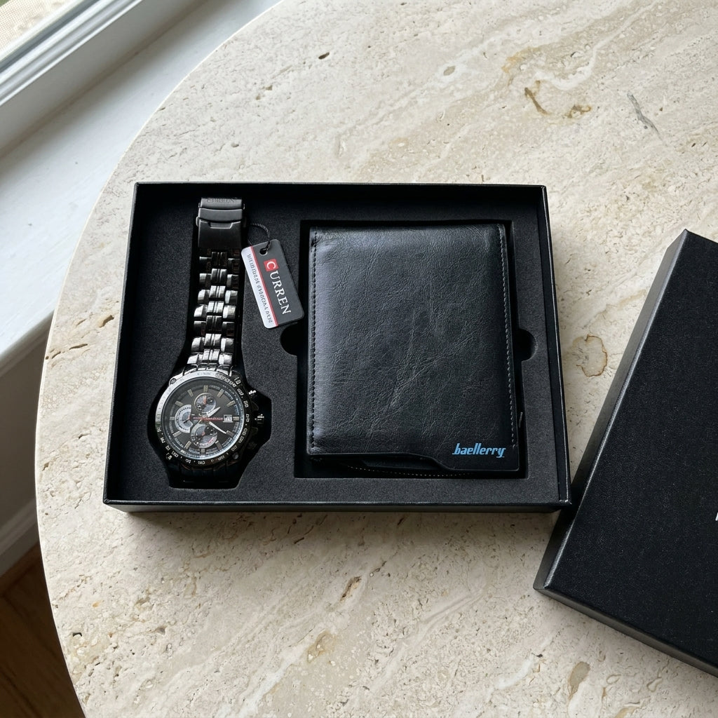 Men Watches Steel/Leather Gift Set