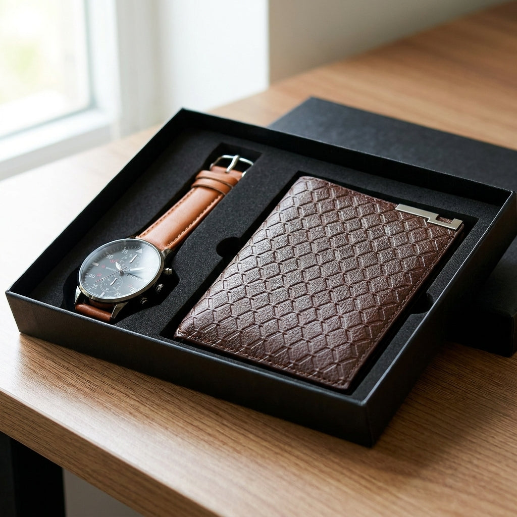 Men Watches Steel/Leather Gift Set
