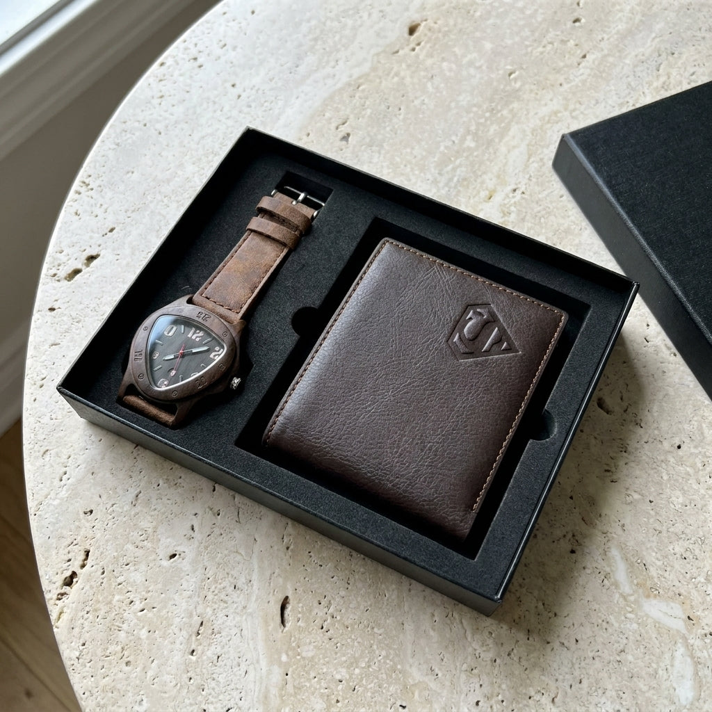 Men Watches Steel/Leather Gift Set