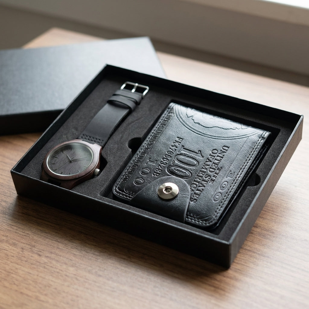 Men Watches Steel/Leather Gift Set