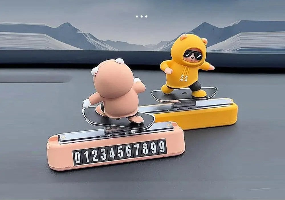 Cute Bear Skateboard Car Ornament – Parking Number Plate with Magnetic Fun Design