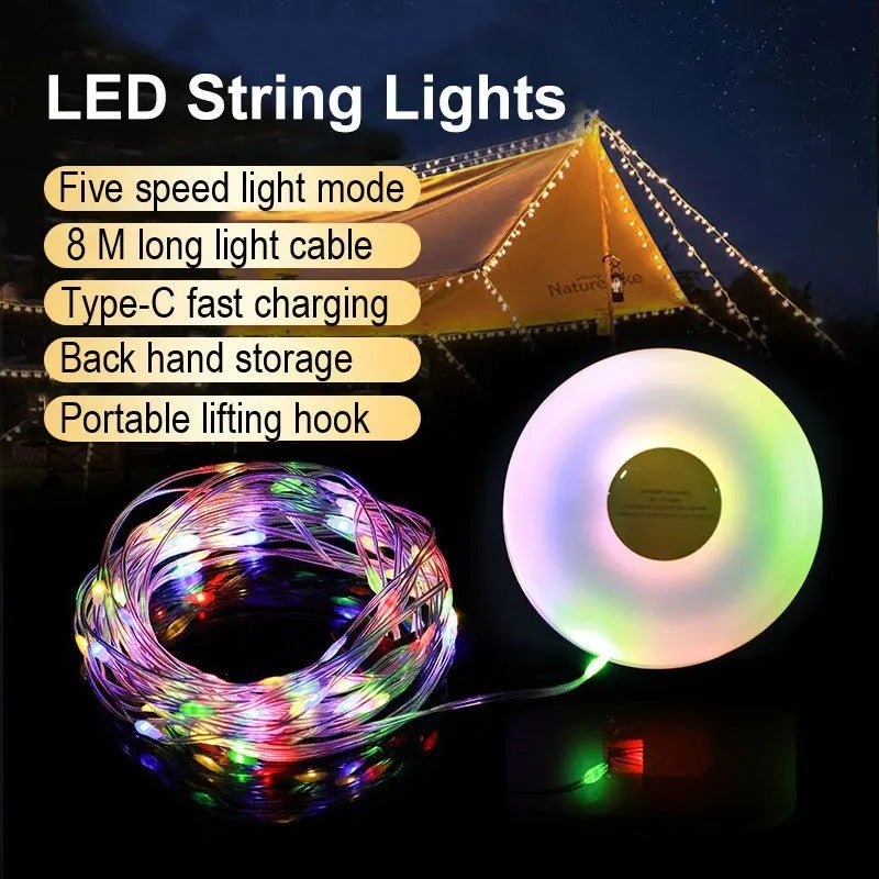 Portable LED Camping String Light - 8m Outdoor Atmosphere Tent Light with 1800mAh Rechargeable Battery