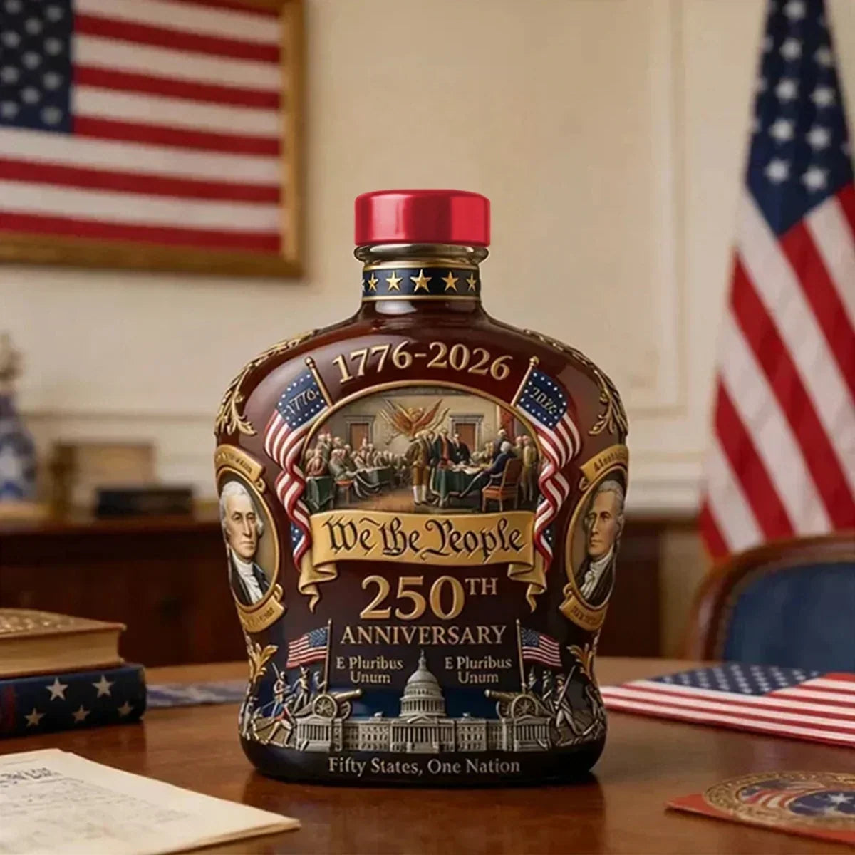 Bottle with 'We the People' 250th Anniversary design in a formal setting with American flags.
