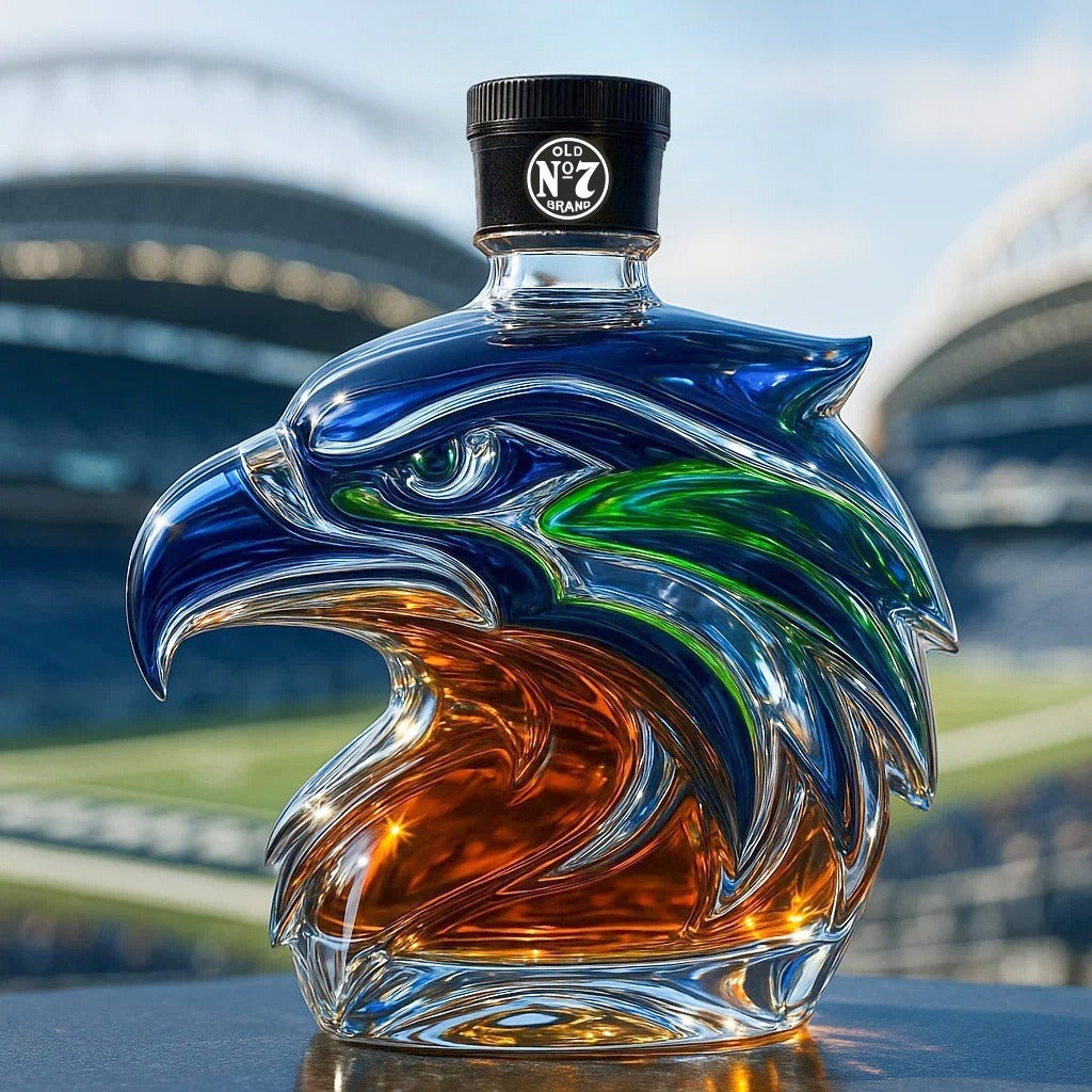 Eagle-shaped whiskey bottle with a blurred stadium background